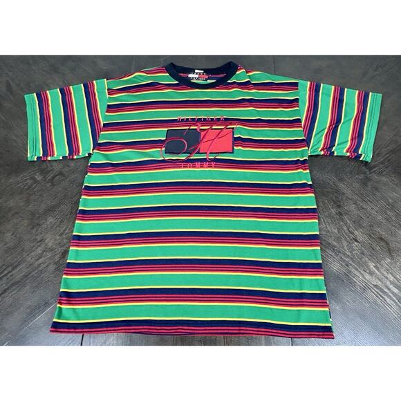 Vintage Tommy Hilfiger T-Shirt Striped Green Blue Red Y2K Tee Men's XL USA Made - Picture 9 of 9